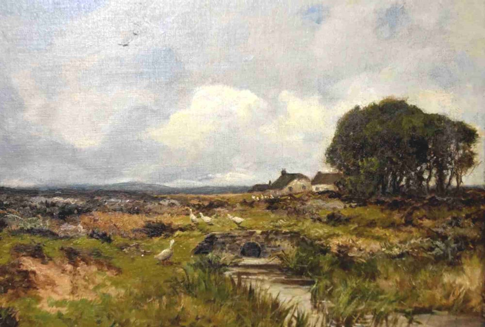 A Victorian landscape oil painting depicting geese near a stone bridge over a stream with thatched cottages under a cloudy sky.