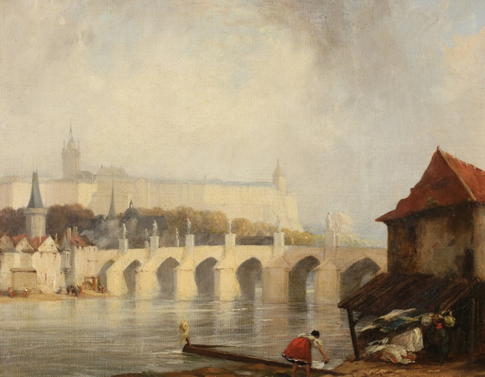 An 1830s English oil painting depicting the Charles Bridge and Prague Castle across a river, set within a gilded fluted frame. View II
