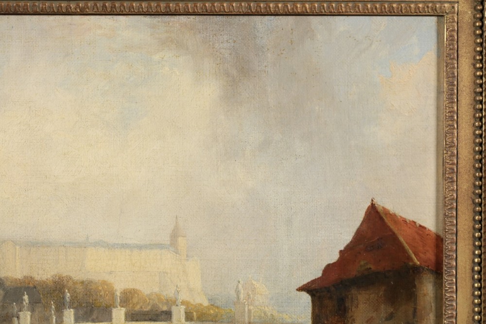 An 1830s English oil painting depicting the Charles Bridge and Prague Castle across a river, set within a gilded fluted frame. View III