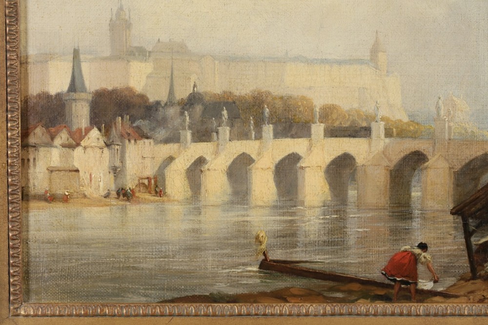 An 1830s English oil painting depicting the Charles Bridge and Prague Castle across a river, set within a gilded fluted frame. View V