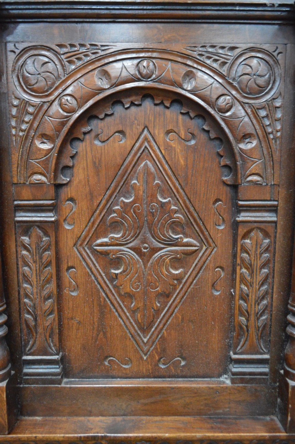 17th cent style carved oak four poster tester bed. View II