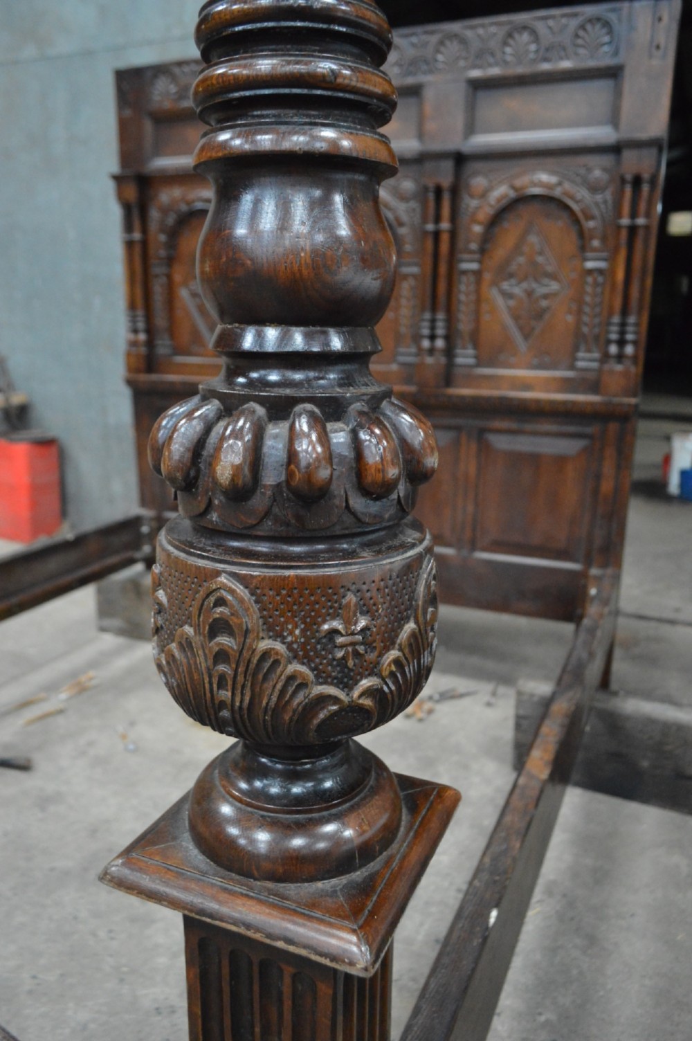 17th cent style carved oak four poster tester bed. View IV