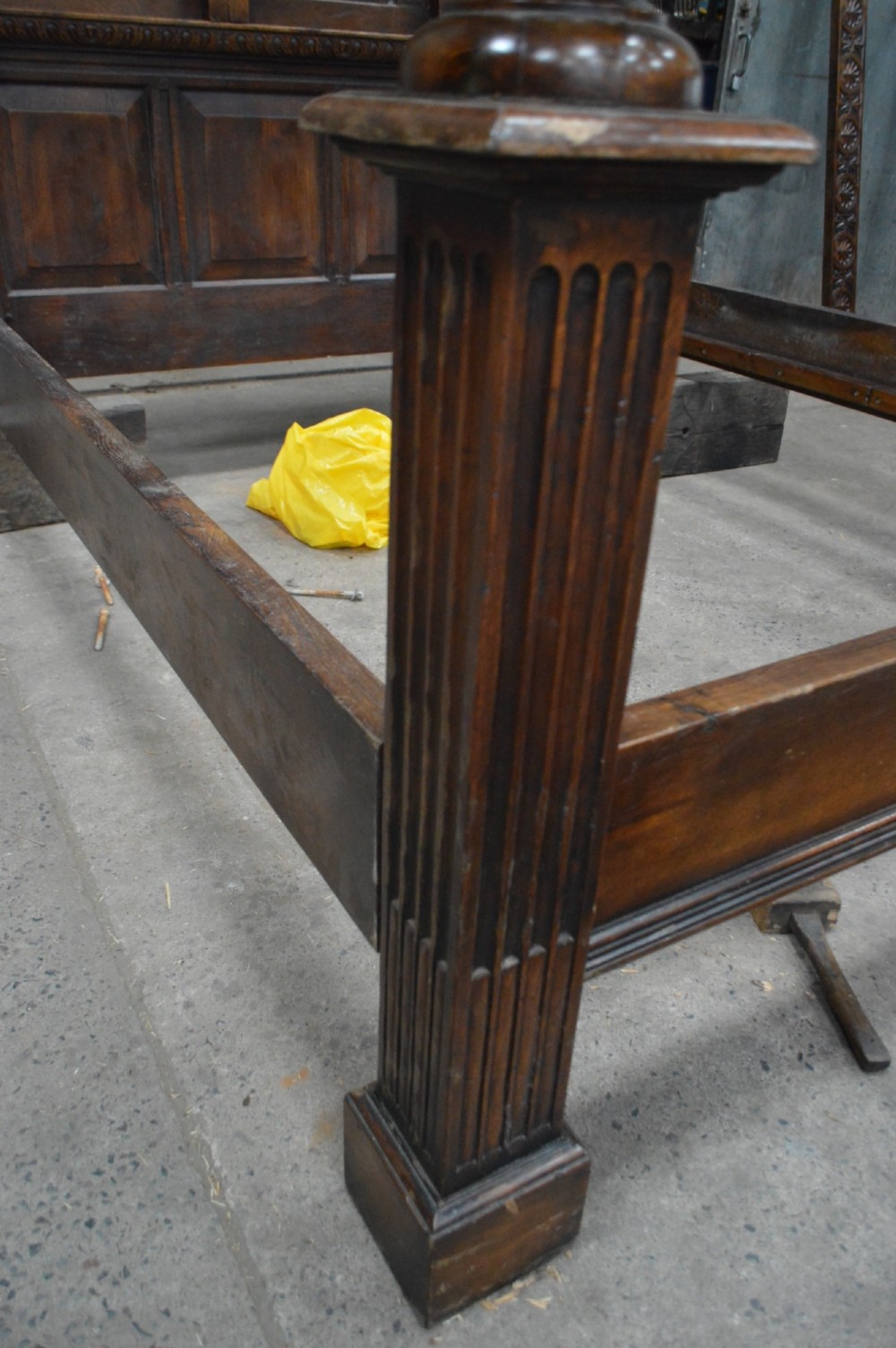 17th cent style carved oak four poster tester bed. View V