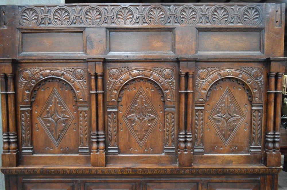 17th cent style carved oak four poster tester bed. View VI