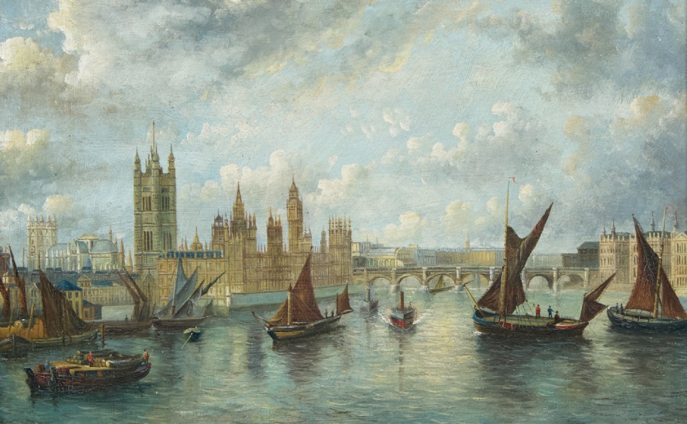 An antique oil painting depicting historical sailing vessels on the River Thames with the Palace of Westminster and Westminster Bridge in the background.