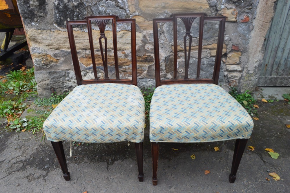 A set of twelve George III mahogany dining chairs featuring carved openwork back splats, patterned upholstery, and square tapered legs. View III