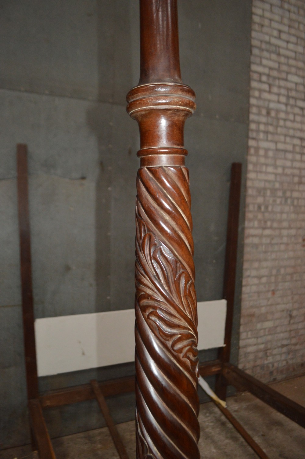 A dark mahogany Georgian four-poster bed frame featuring carved spiral-twist foot posts and a plain headboard panel. View II