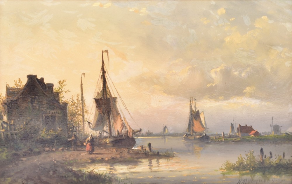 A 19th-century oil painting depicting a calm river scene with sailing boats, a cottage, and a soft sky, enclosed in an ornate gilded frame with a velvet slip. View II