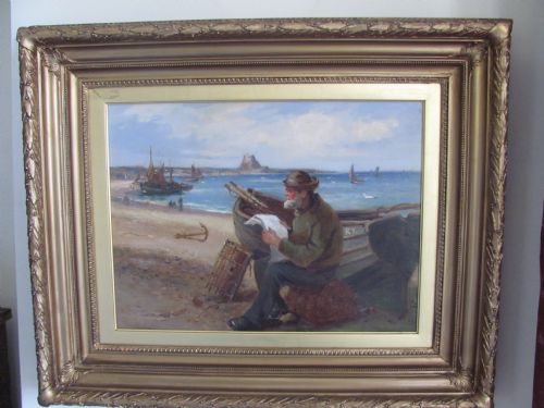 19th century holy island lindisfarne coastalfisherman by john william gilroy - CATEGORY: ANTIQUE ART - DATED 19TH CENTURY