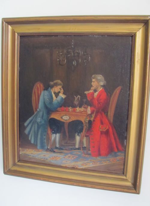 19th century oil b harris check mate interior scene - CATEGORY: ANTIQUE ART - DATED 19TH CENTURY
