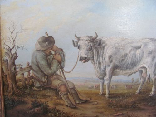 19TH CENTURY OIL FARMER AND BULL COUNTRY LANDSCAPE SCENE AFTER AELBERT CUYP - ADDITIONAL PHOTO 1