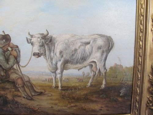 19TH CENTURY OIL FARMER AND BULL COUNTRY LANDSCAPE SCENE AFTER AELBERT CUYP - ADDITIONAL PHOTO 2