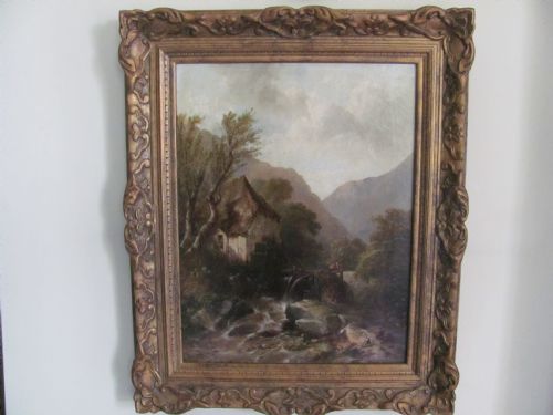 alfred montague figure at work beside a watermill country landscape scene oil - CATEGORY: ANTIQUE ART - DATED 1860