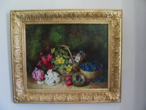 robert caspers still life oil flowers primroses - CATEGORY: ANTIQUE ART - DATED 1950