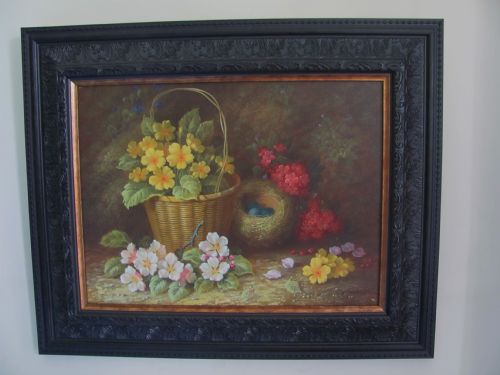 still life oil painting primroses robert caspers - CATEGORY: ANTIQUE ART - DATED 1950