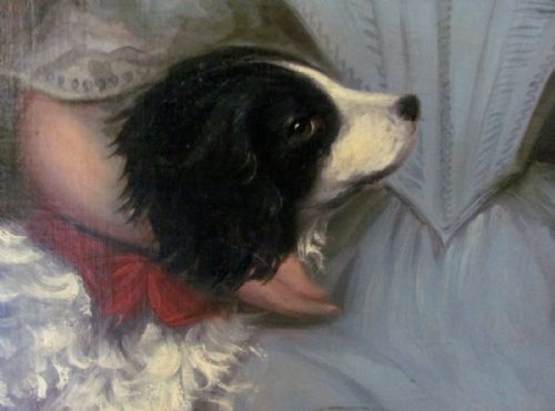 PORTRAIT OF A YOUNG GIRL IN A BLUE DRESS WITH A SPANIEL 19TH CENTURY BRITISH PROVINCIAL SCHOOL - ADDITIONAL PHOTO 1