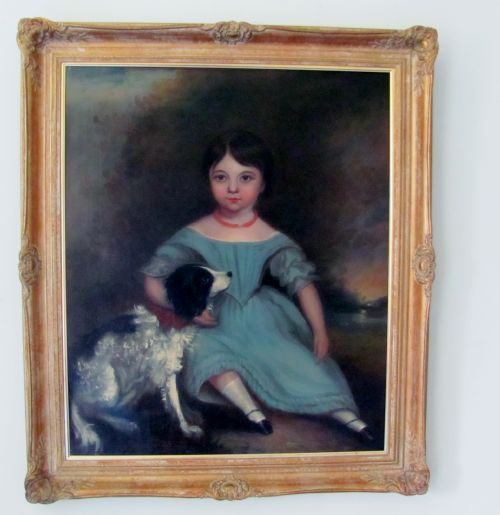 portrait of a young girl in a blue dress with a spaniel 19th century british provincial school - CATEGORY: ANTIQUE ART - DATED 19TH CENTURY