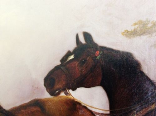 GEORGE WRIGHT PLOUGH TEAM HORSES AND A DOG IN A LANDSCAPE OIL ON CANVAS - ADDITIONAL PHOTO 2