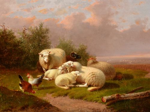 19th century landscape of sheep and poultry in a meadow jacob van dieghem old master - CATEGORY: ANTIQUE ART - DATED 19TH CENTURY
