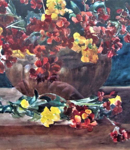 STILL LIFE FLOWERSWALLFLOWERS BY OWEN BOWEN WATERCOLOUR - ADDITIONAL PHOTO 2