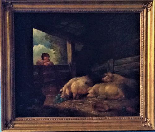 fig 1. 18th century landscape,pigs, Attributed to George Morland Pigs in a barn, country scene,