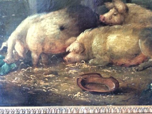 fig 3. 18th century landscape,pigs, Attributed to George Morland Pigs in a barn, country scene,