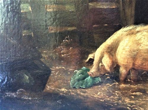 fig 4. 18th century landscape,pigs, Attributed to George Morland Pigs in a barn, country scene,