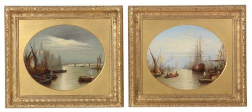 FRANCIS MOLTINO PAIR 19TH CENTURY LONDON PAINTINGS THE THAMES HOUSES OF PARLIAMENT THAMES BARGES - ADDITIONAL PHOTO 1