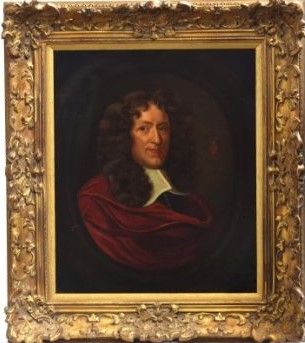 fig 2. A 17th-century style oil portrait of a gentleman in a red mantle and white collar, presented in an ornate carved gilt frame.