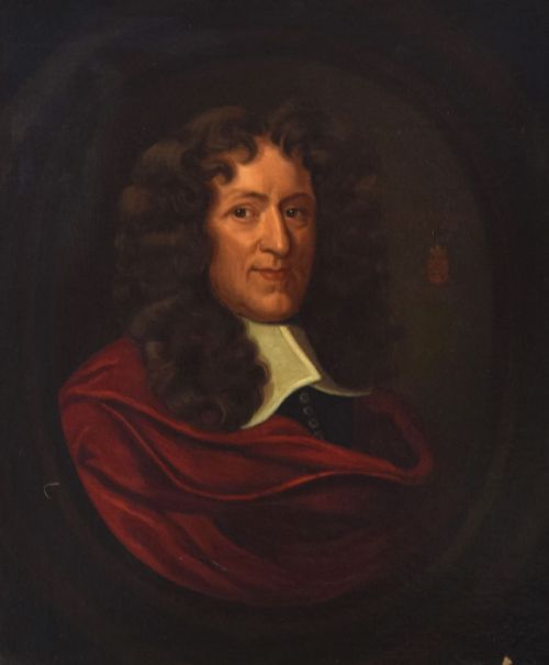 fig 1. A 17th-century style oil portrait of a gentleman in a red mantle and white collar, presented in an ornate carved gilt frame.