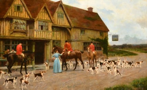 19th century landscape horsedogshunting scene oil frank proschwitzry freyburg - CATEGORY: ANTIQUE ART - DATED 19TH CENTURY