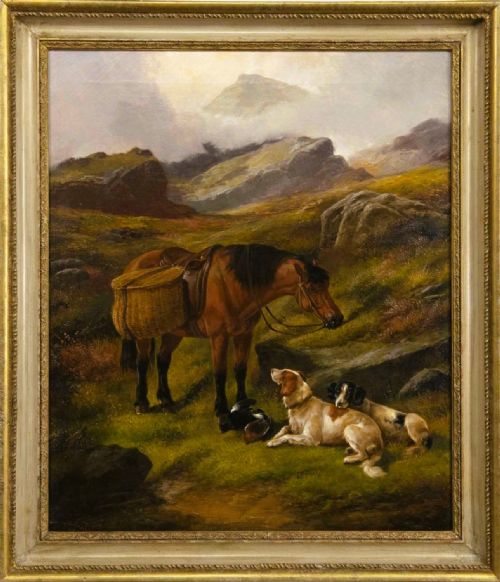19th century oilhighland scene horse and dogs john gifford - CATEGORY: ANTIQUE ART - DATED 19TH CENTURY