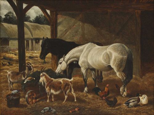 19th century oil landscape scene horses goats in barn by stanley wilson - CATEGORY: ANTIQUE ART - DATED 19TH CENTURY