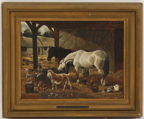 19TH CENTURY OIL LANDSCAPE SCENE HORSES GOATS IN BARN BY STANLEY WILSON - ADDITIONAL PHOTO 1