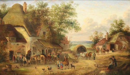 19TH CENTURY LANDSCAPE OIL VILLAGE SCENE HORSESINN GEORGINA LARA - ADDITIONAL PHOTO 2