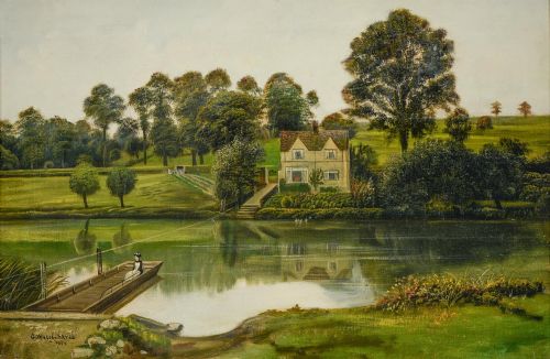 hampton ferryeveshamworcesteshire oil by george willis pryce - CATEGORY: ANTIQUE ART - DATED 1890