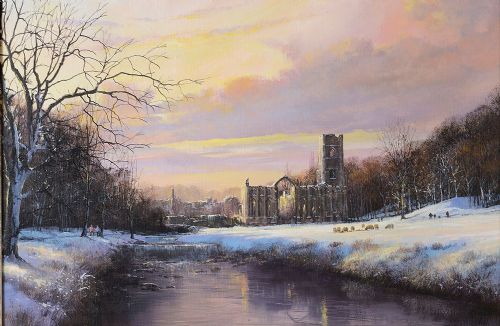 fig 1. Fountains Abbey yorkshire winter oil scene clive madgwick