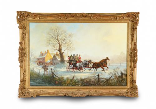 HORSES AND STAGECOACH WINTERSNOW SCENE OIL PAINTING BY JOHN RICHARD WORSDALE - ADDITIONAL PHOTO 1