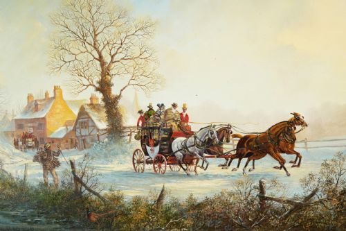 HORSES AND STAGECOACH WINTERSNOW SCENE OIL PAINTING BY JOHN RICHARD WORSDALE - ADDITIONAL PHOTO 2