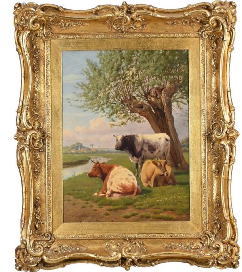 fig 2. A 19th-century oil painting by William Sidney Cooper depicting three cows resting beside a river under a willow tree, enclosed in a heavily ornamented gold gilt frame.