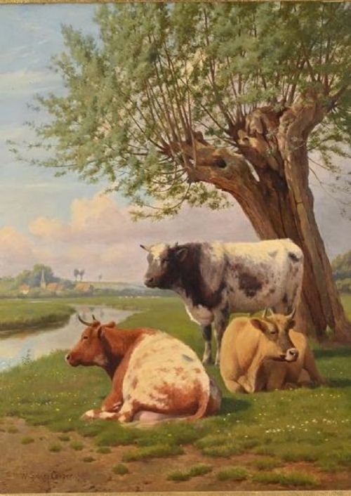 fig 3. A 19th-century oil painting by William Sidney Cooper depicting three cows resting beside a river under a willow tree, enclosed in a heavily ornamented gold gilt frame.
