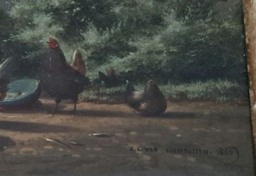 19TH CENTURY LANDSCAPE OIL PAINTING COCKEREL AND HENS BY J L VAN LEEMPUTTEN - ADDITIONAL PHOTO 1