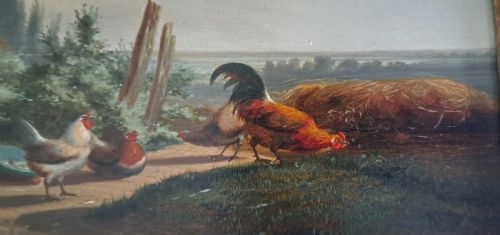 19TH CENTURY LANDSCAPE OIL PAINTING COCKEREL AND HENS BY J L VAN LEEMPUTTEN - ADDITIONAL PHOTO 3
