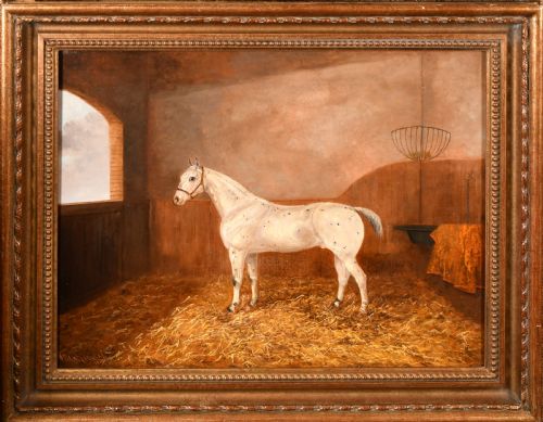 19TH CENTURY GREY HORSE IN A STABLE OIL ALBERT CLARK - ADDITIONAL PHOTO 1