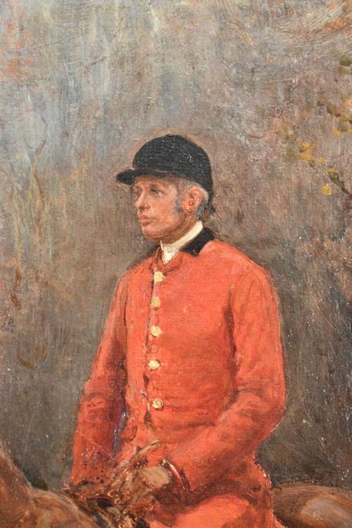 fig 3. An oil painting depicting a mounted huntsman in a red jacket accompanied by foxhounds, set within an ornate gilded frame.
