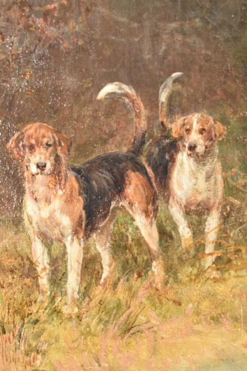 fig 5. An oil painting depicting a mounted huntsman in a red jacket accompanied by foxhounds, set within an ornate gilded frame.