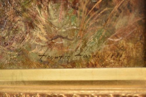 fig 7. An oil painting depicting a mounted huntsman in a red jacket accompanied by foxhounds, set within an ornate gilded frame.