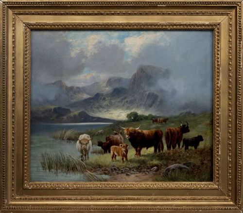 highland cattle and scottish mountain scene by charles w oswald - CATEGORY: ANTIQUE ART - DATED 19TH CENTURY