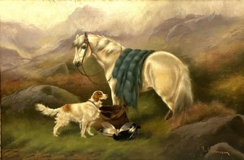 19TH CENTURY OIL PAINTING HIGHLAND PONY AND RETRIEVER ROBERT CLEMINSON - ADDITIONAL PHOTO 1