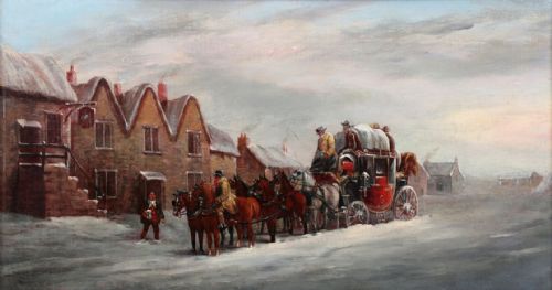 19TH CENTURY OIL PAINTING MAIL COACH IN SNOW JOHN CHARLES MAGGS - ADDITIONAL PHOTO 1